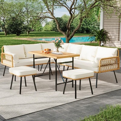 6 Pieces Outdoor Patio Furniture Set with Table, All-Weather Boho Wicker Rattan Patio Sectional L-Shaped Sofa, Metal Frame, Detachable Cushions