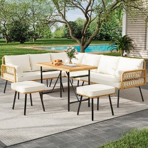 6 Pieces Outdoor Patio Furniture Set with Table, All-Weather Boho Wicker Rattan Patio Sectional L-Shaped Sofa, Metal Frame, Detachable Cushions - 1 of 4