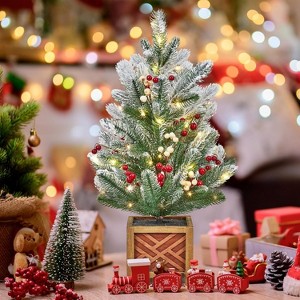 GAOMON 24 Inch Small Christmas Tree, Prelit Tabletop Mini Christmas Tree with Wooden Base, Frosted Lighted Artificial Xmas Tree - 1 of 4