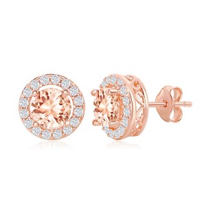 Bella Silver Sterling Silver Four-Prong Round Morganite CZ with White CZ Border Earrings - Rose Gold Plated - Rose - 1 of 2
