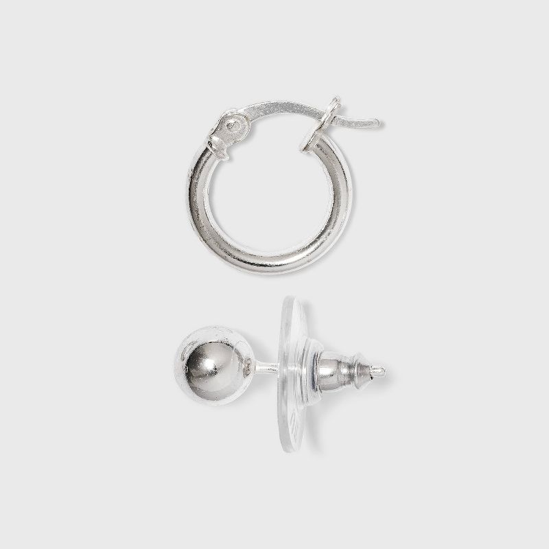 Sterling Cubic Zirconia Silver Ball Studs and Hoop Trio Earring Set - A New Day&#8482; Silver, 2 of 3