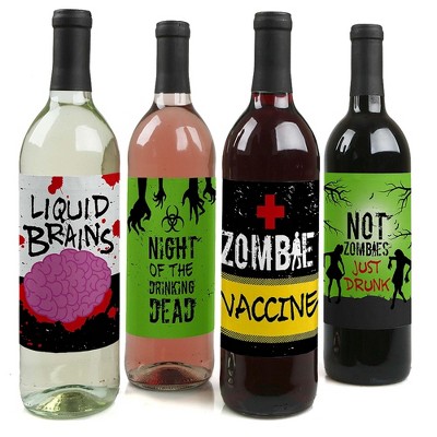 Big Dot of Happiness Zombie Zone - Halloween or Birthday Zombie Crawl Party Decorations for Women and Men - Wine Bottle Label Stickers - Set of 4