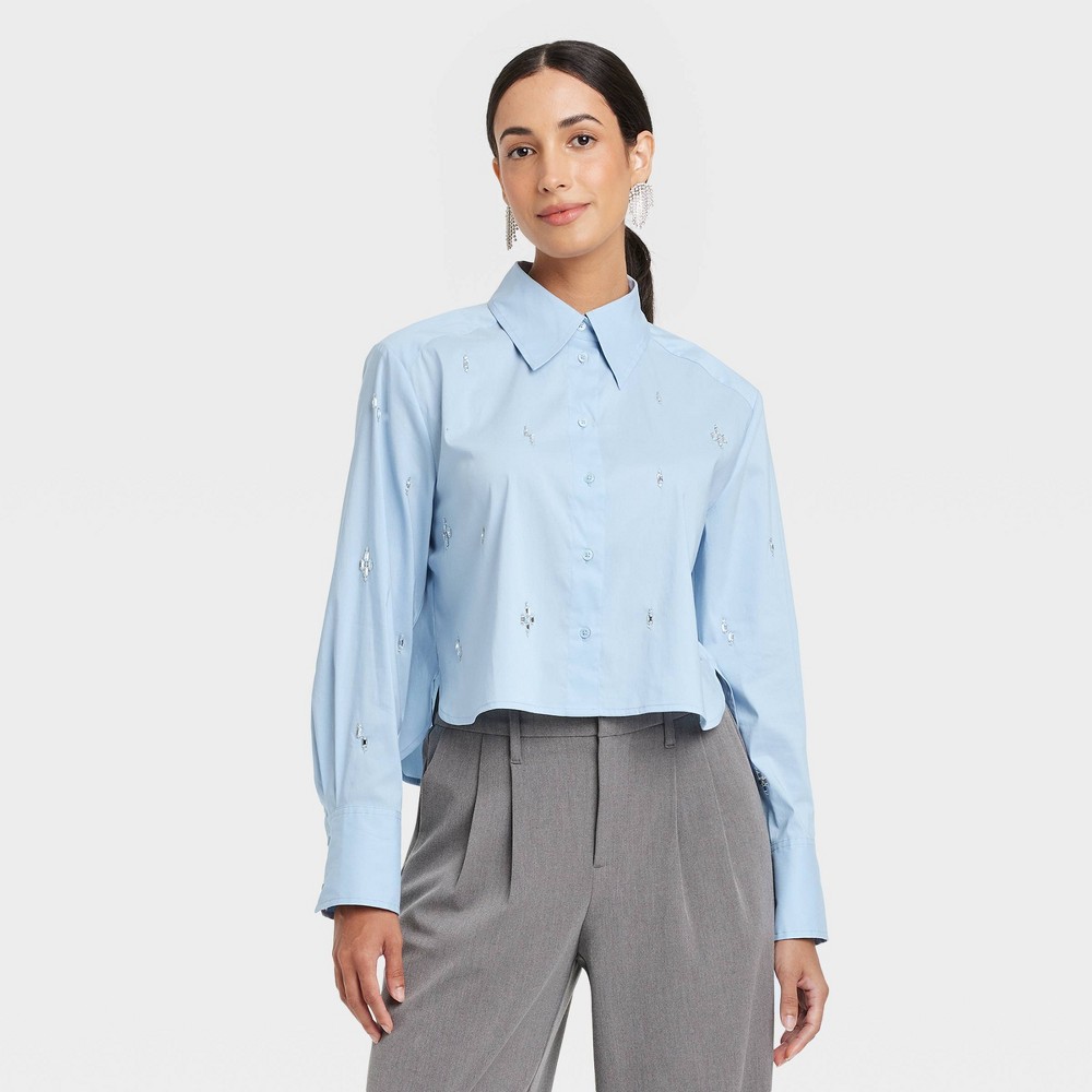 Women's Long Sleeve Embellished Collared Button-Down Shirt - A New Day Blue S