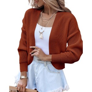 BLUEMING Womens Open Front Knit Cropped Cardigans Sweater Lantern Long Sleeve Fall Casual Shrugs Sweater - 1 of 2