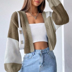 Women's Color Block Cropped Cardigan Open Front Long Sleeve Lightweight Knit Sweater - 1 of 2