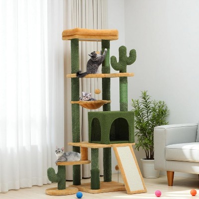 Cactus Cat Tree for Large Cats: 60" Tall with Self-Grooming Brush, Cute Kitten Climbing Tower for Indoor Kittens
