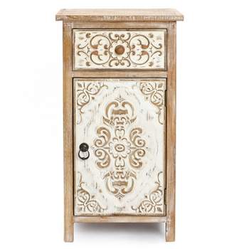 LuxenHome Floral Carved Wood 1-Door 1-Drawer End Table with Storage. Brown