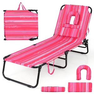 Tangkula Beach Chaise Lounge Chair w/ 5-Position Adjustable Backrest & Face Hole Pillows Pink - 1 of 4
