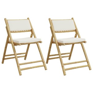 vidaXL Folding Bamboo Bistro Chairs with Cushions - Set of 2, 19.9"x20.7"x34.1", Cream White for Garden/Patio/Deck - 1 of 4