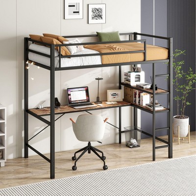 CAVINAS Twin Size Black Metal Loft Bed with Ladder & Fence,Modern 72"High Bed Frame for Adults,Teens
