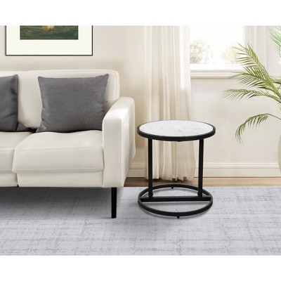 Royal Hampton 18" Round Side End Table with White Natural Marble Top and Classic Slim Black Iron Frame