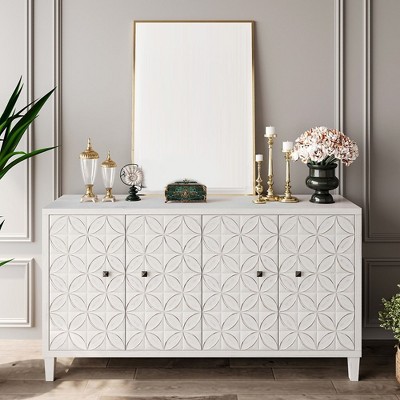 Modern Wooden Sideboard With 4 Doors, Buffet Server Cabinet With Adjustable Shelves And Square Metal Handles For Living Room, White Wash