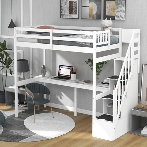 Twin Size Loft Bed with Built-in Desk, Storage Shelves and Drawers, White - ModernLuxe