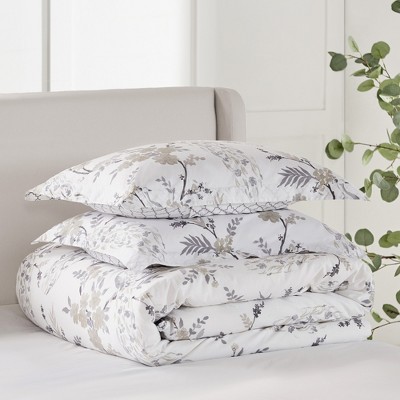 Gray Botanical Reversible Cotton King Duvet Set