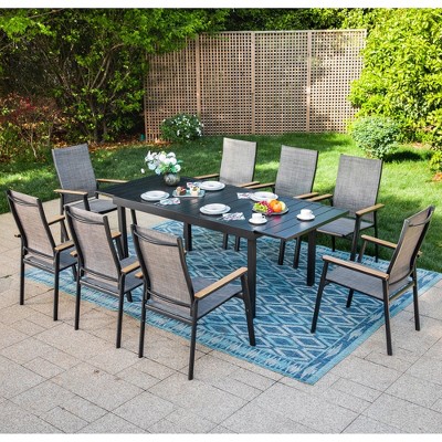 Captiva Designs 9pc Patio Dining Set with Slat-top Adjustable Steel Rectangle Table & Textilene Aluminum Chairs