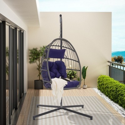 Outdoor Egg Chair, Hanging Egg Chair With Standing Seat, Armrest Cushion, Backrest, Metal Frame, Garden Rattan Egg Swing Chair, Dark Blue