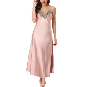 cheibear Womens Satin Sleeveless Nigthgown Lace Trim Sleep Dress Sleepwear Pajama Dress - 1 of 4