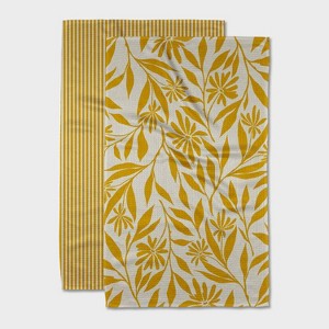 Geometry Tea Towel Set Ivy: Modern Floral & Stripe Quick Dry Microfiber Kitchen Towels, 2-Piece, Yellow - 1 of 3