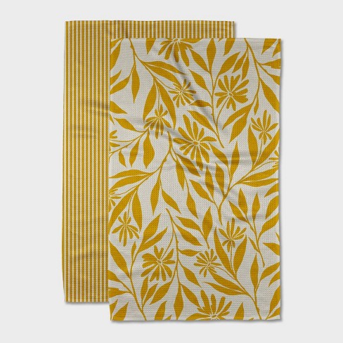 Geometry Tea Towel Set Ivy: Modern Floral & Stripe Quick Dry Microfiber Kitchen Towels, 2-Piece, Yellow - image 1 of 3