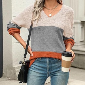 Womens 2025 Fall Sweaters Casual Long Sleeve Ribbed Knit Pullover V Neck Lightweight Crochet Pullover Sweater Top - 1 of 4