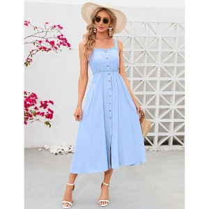 Coolmee Women's Dress Casual Summer Spaghetti Strap Dress Button Down Sleeveless A Line Beach Swing Midi Sundress - 1 of 4