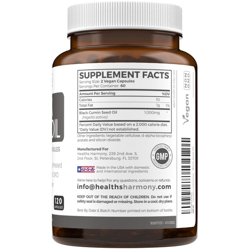 Black Seed Oil Capsules, Hair, Skin & Metabolism Support, Supports Weight Loss, Health's Harmony, 60, 120 & 180ct, 3 of 11