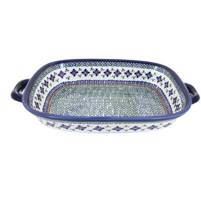 Blue Rose Polish Pottery Mosaic Flower Large Baker with Handles