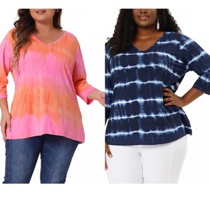 Women's Plus Size 2 Pieces Tie Dye Side Slit 3/4 Sleeve V Neck Casual Stripe Blouse - Agnes Orinda - 1 of 4