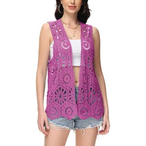 Anna-Kaci Women's Floral Crochet Cardigan Lace Trim Sleeveless Open Front Vest - 1 of 4