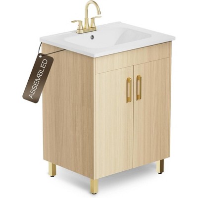Phiestina 24" Oak Bathroom Vanity, Fully Pre-Assembled with Ceramic Sink, 2 Soft Close Doors, Modern Storage Cabinet, Faucet Not Included