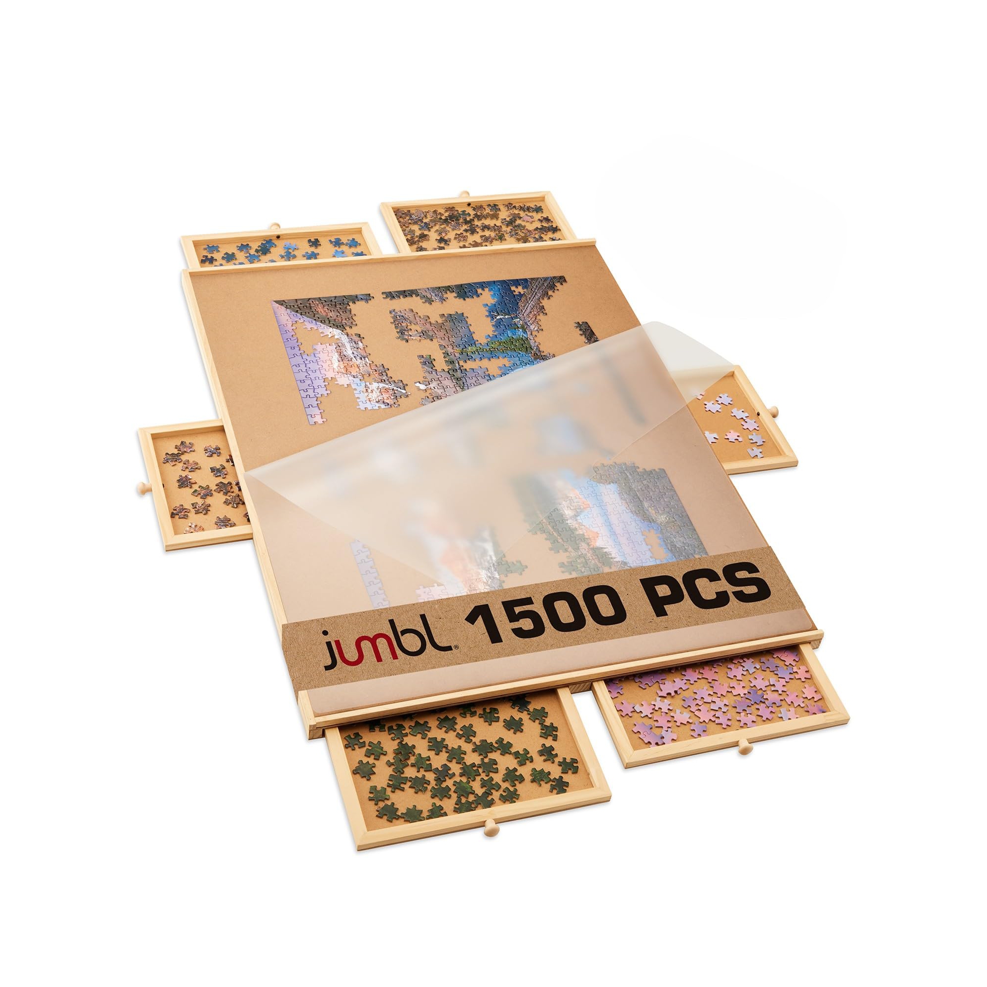 Jumbl 1500-Piece Puzzle Board with Drawers, Lazy Susan & Cover - Rotating Wooden Jigsaw Puzzle Table