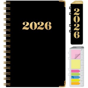 HARDCOVER 2026 Planner, 5.5"x8": 14 Months (Nov 2025-Dec 2026), Daily/Weekly/Monthly,  Bookmark, Pocket Folder w Sticky Notes (Black Gold Numbers) - 1 of 4