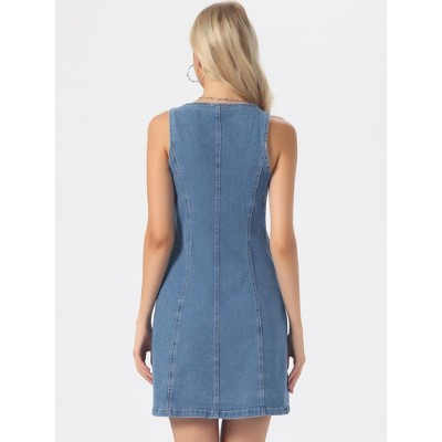 Женские платья INSPIRE CHIC Women Denim Button Down V Neck Sleeveless Collarless Mini Jean Dresses with Pockets Small Light Blue — фото 3