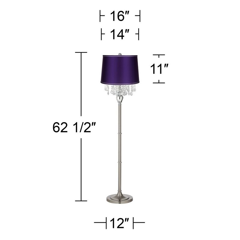 360 Lighting Modern Floor Lamp Standing 62 1/2" Tall Brushed Nickel Silver Crystals Dark Purple Satin Drum Shade for Living Room Bedroom Office House, 3 of 4