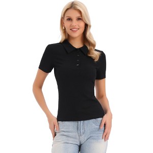 INSPIRE CHIC Women's Short Sleeve Turn Down Collar Button Up Knit Casual Tops - 1 of 4