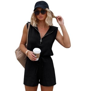 Imily Bela Women's Casual Sleeveless Short Rompers Summer Half Zip Lapel Collar Drawstring Knit One Piece Jumpsuit with Pockets - 1 of 4
