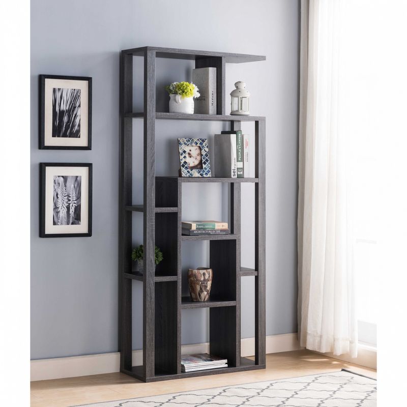 FC Design 70.75" Tall Etagere Wooden Display Bookcase with 11 Shelves and Open Back in Distressed Grey Finish, 3 of 4