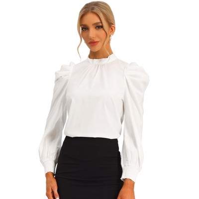 Allegra K Women's Elegant Mock Neck Tie Back Puff Sleeve Office Blouses