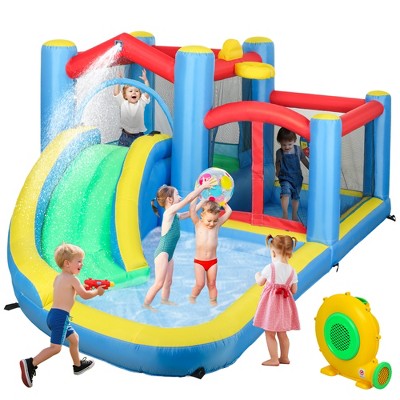 Qaba Inflatable Water Slide, Water Bounce House for Kids Outdoor Fun with Large Trampoline, Splash Pool, 550W Blower, Basketball Hoop, Dart Board