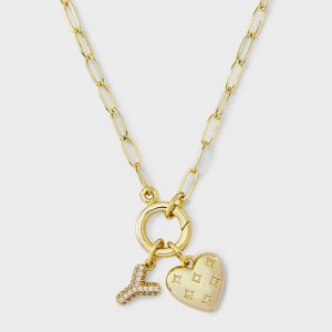 14K Gold Dipped Cubic Zirconia Puffy Heart Charm Initial Necklace - A New Day™ Gold - 1 of 4