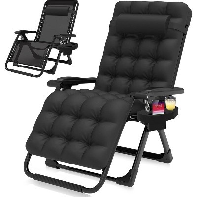 Zero Gravity Chair, Reclining Camping Lounge w/ Removable Cushion, Upgraded Lock, Cup Holder, Folding Patio Recliner for Indoor & Outdoor Use-Black