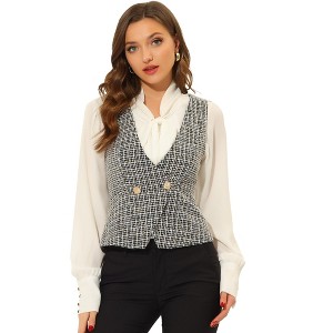 Allegra K Women's Vintage Tweed Double Breasted Sleeveless Plaid Waistcoat Vest - 1 of 4