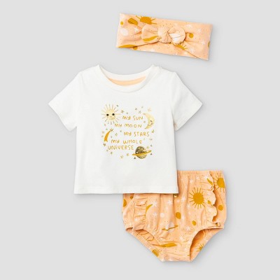 Image of Baby Girls' 3pc 'Moon and Star' Knit Top & Bottom Set with Headband - Cat & Jack™ 6-9M