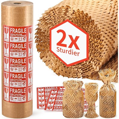 Attop Honeycomb Packing Paper, 15"x 213' Bubble Packing Wrap Wrapping Roll With 20 Fragile Sticker Labels