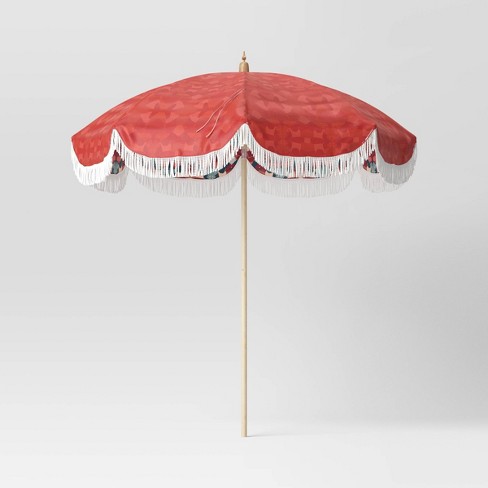 7.5'x7.5' Dual Fabric Outdoor Market Umbrella with Coiled Rope Fringe Coral Orange - Opalhouse™ designed with Jungalow™ - image 1 of 4
