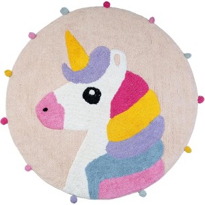 HomeRoots 32" Pink And Yellow Cotton Unicorns Round Youthful Bath Rug - 1 of 4