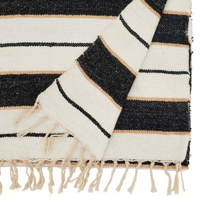 Black and White Cotton Striped Table Runner with Fringe, 16"x72"