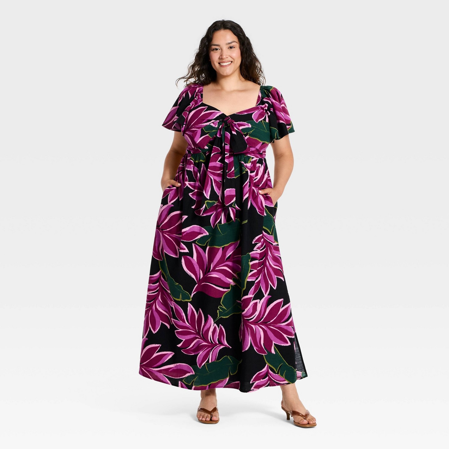 Женские платья Ava & Viv Plus Flutter Short Sleeve Tie-Front Maxi Summer Dress - Ava & Viv™ Magenta Floral XXL — фото 1