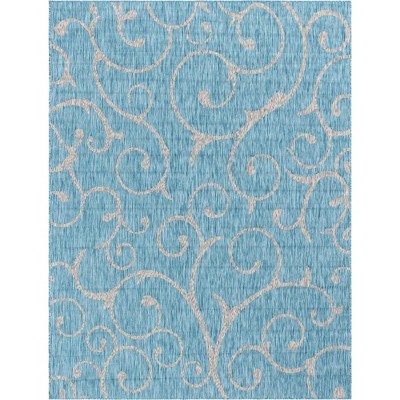 Aqua Blue 9' x 12' Abstract Synthetic Outdoor Rug