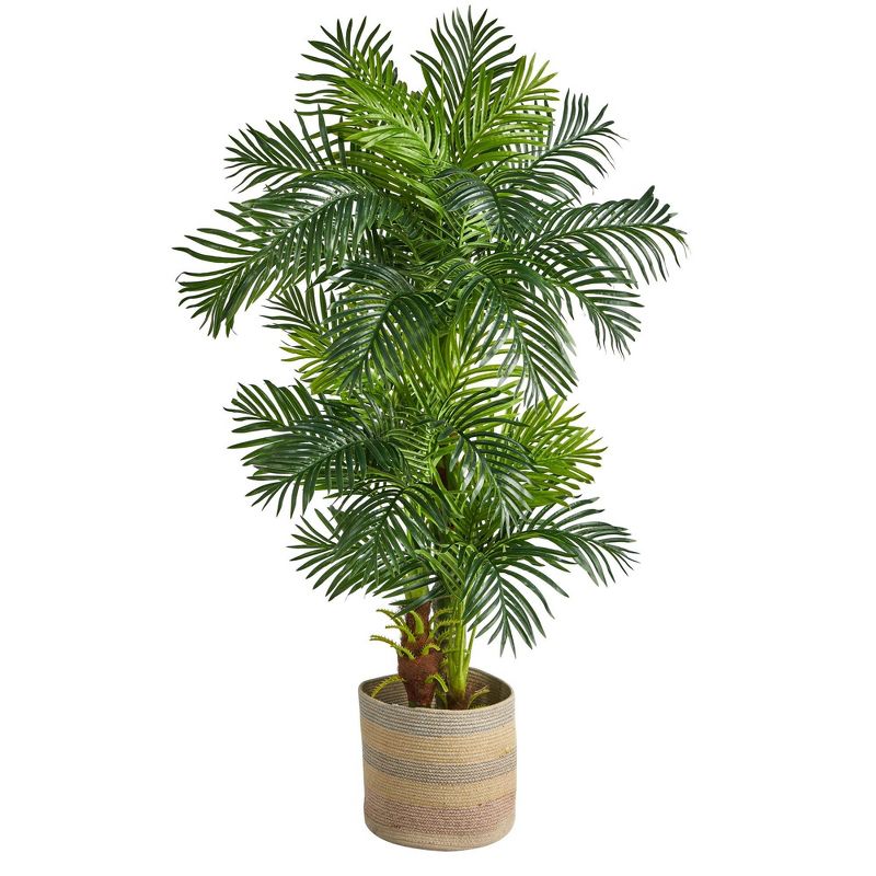 Nearly Natural 6-ft Hawaii Artificial Palm Tree in Handmade Natural Cotton Multicolored Woven Planter, 1 of 5